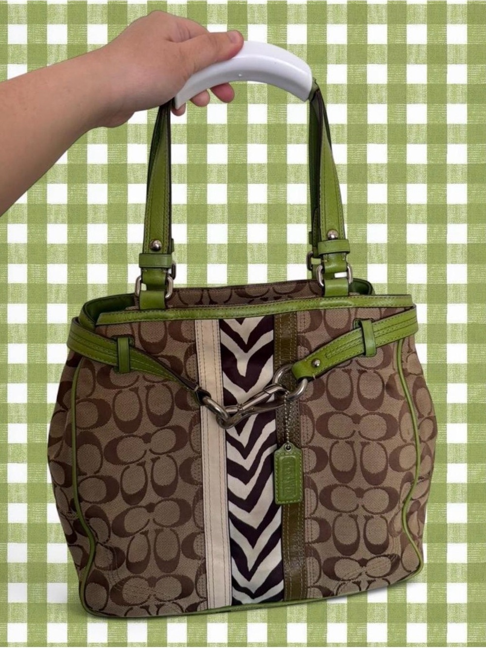 Vintage Coach Brown Signature Tote with Green Trim and Zebra Accent